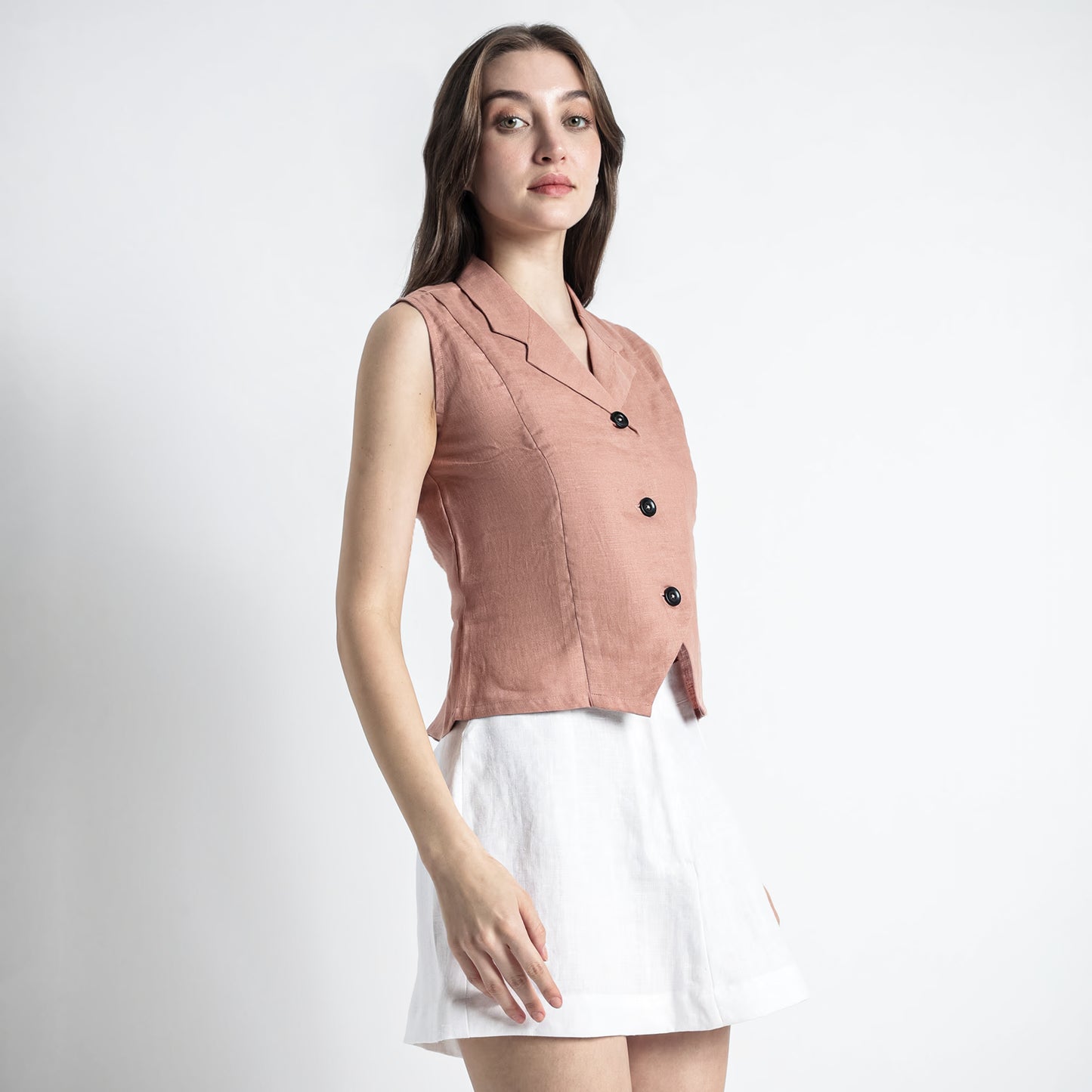 Laura – Tailored Notch Lapel Linen Vest Top – Clay