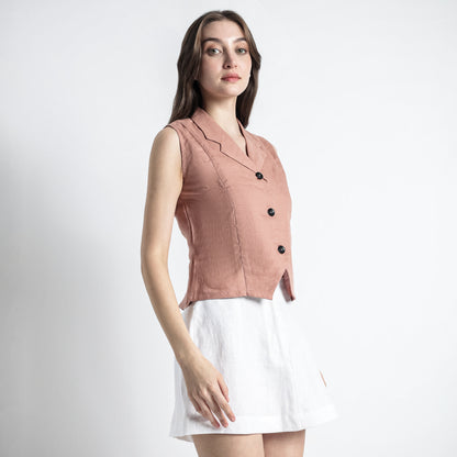 Laura – Tailored Notch Lapel Linen Vest Top – Clay