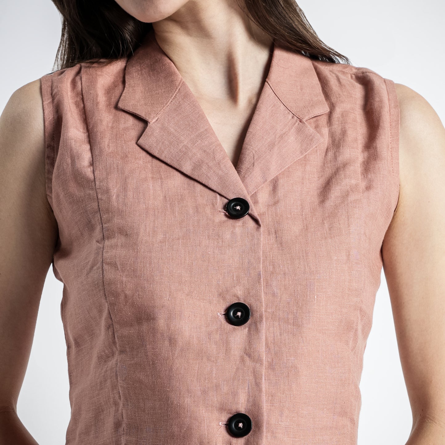 Laura – Tailored Notch Lapel Linen Vest Top – Clay