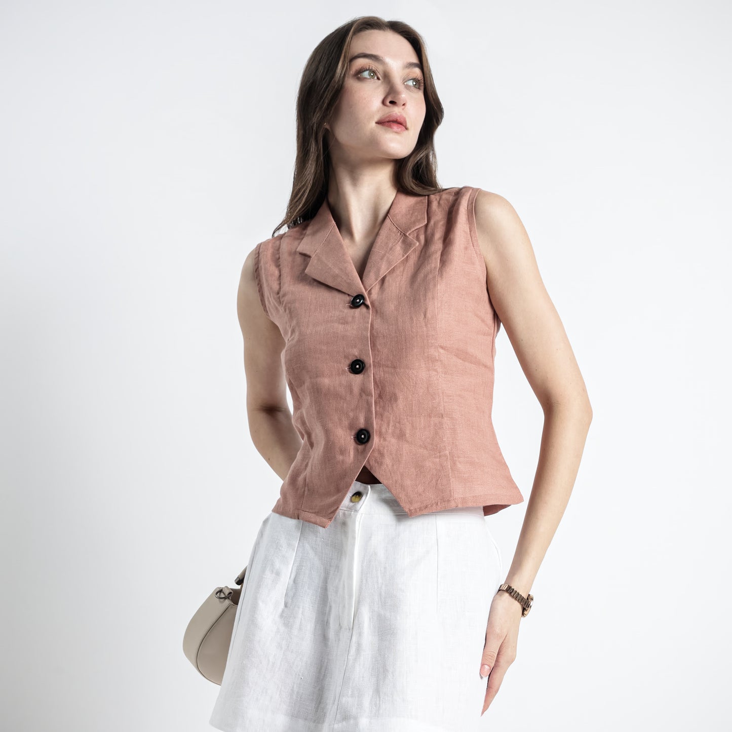 Laura – Tailored Notch Lapel Linen Vest Top – Clay