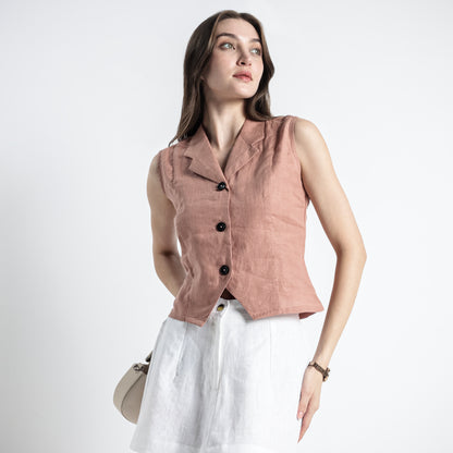 Laura – Tailored Notch Lapel Linen Vest Top – Clay