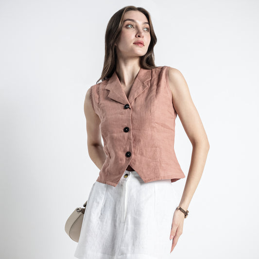 Laura – Tailored Notch Lapel Linen Vest Top – Clay