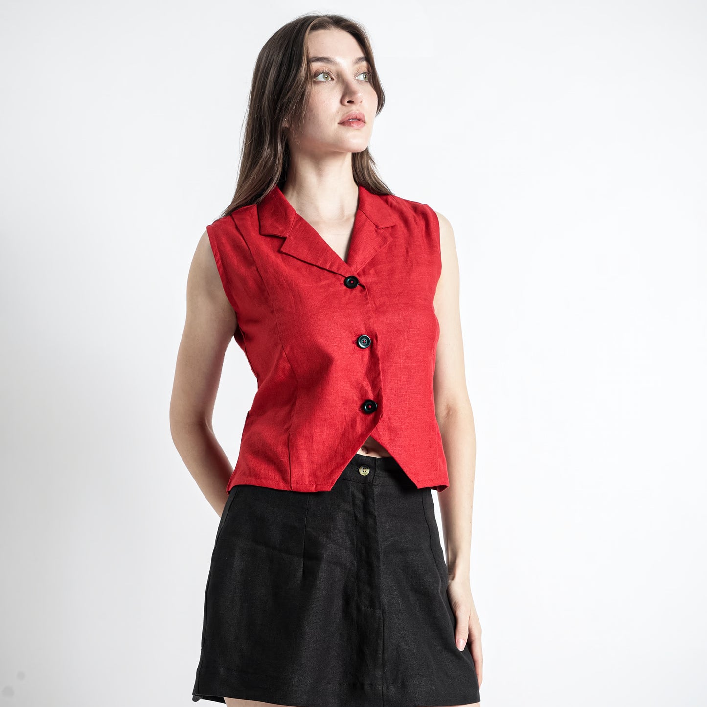 Laura – Tailored Notch Lapel Linen Vest Top – Crimson