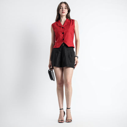 Laura – Tailored Notch Lapel Linen Vest Top – Crimson