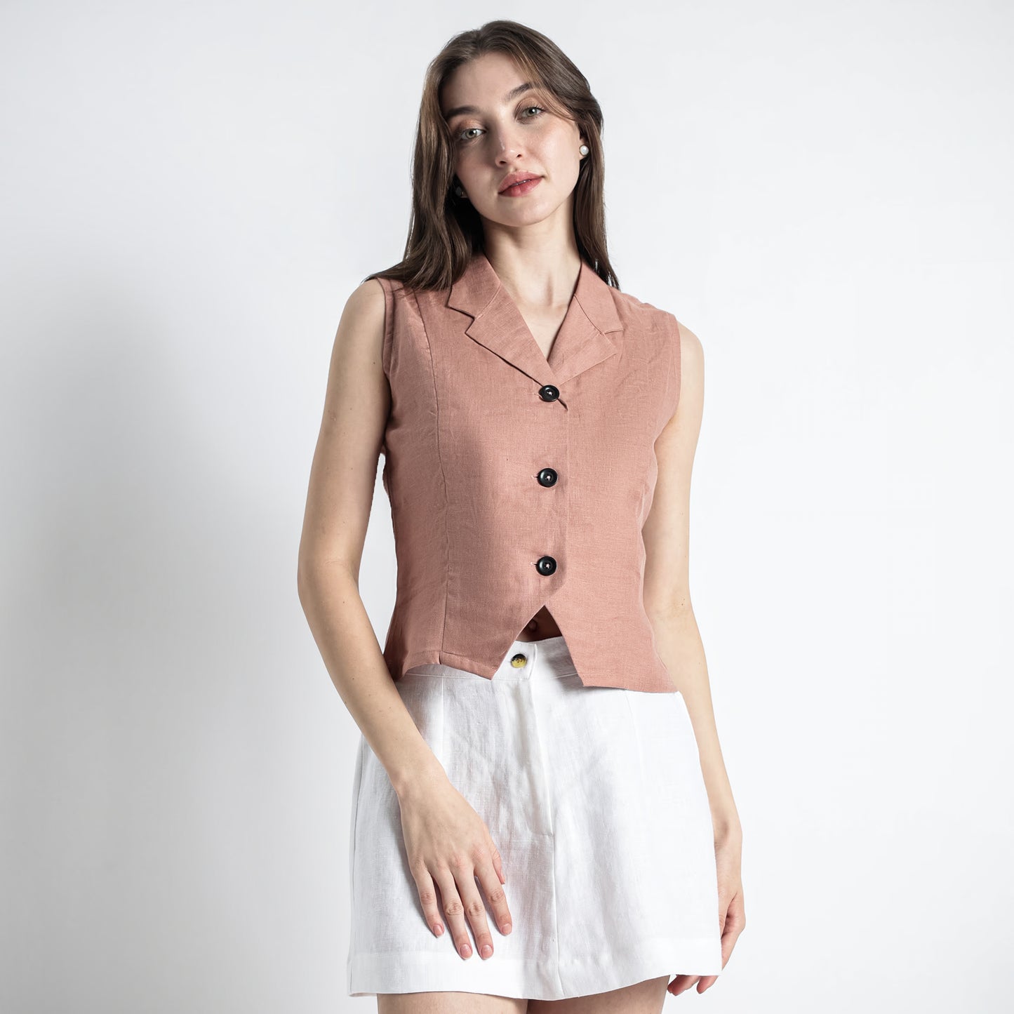 Laura – Tailored Notch Lapel Linen Vest Top – Clay