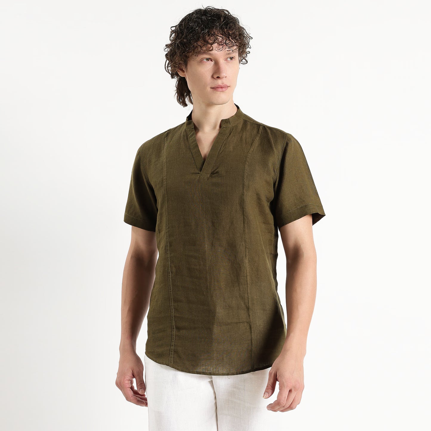 Tovi – Premium Linen V-Neck T-Shirt – Dark Olive