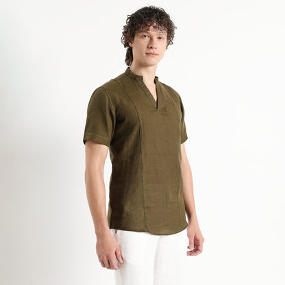 Tovi – Premium Linen V-Neck T-Shirt – Dark Olive