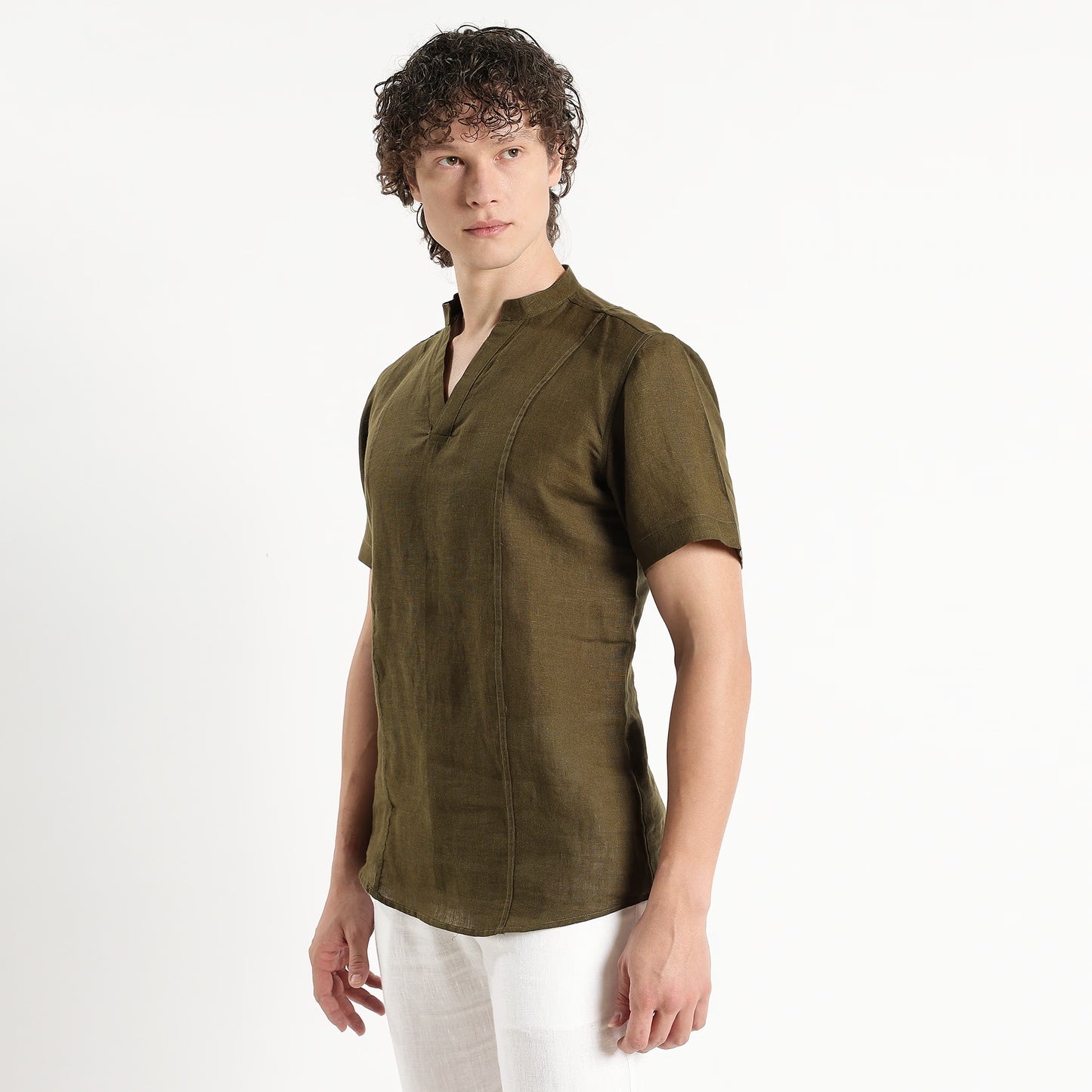 Tovi – Premium Linen V-Neck T-Shirt – Dark Olive