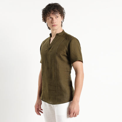 Tovi – Premium Linen V-Neck T-Shirt – Dark Olive