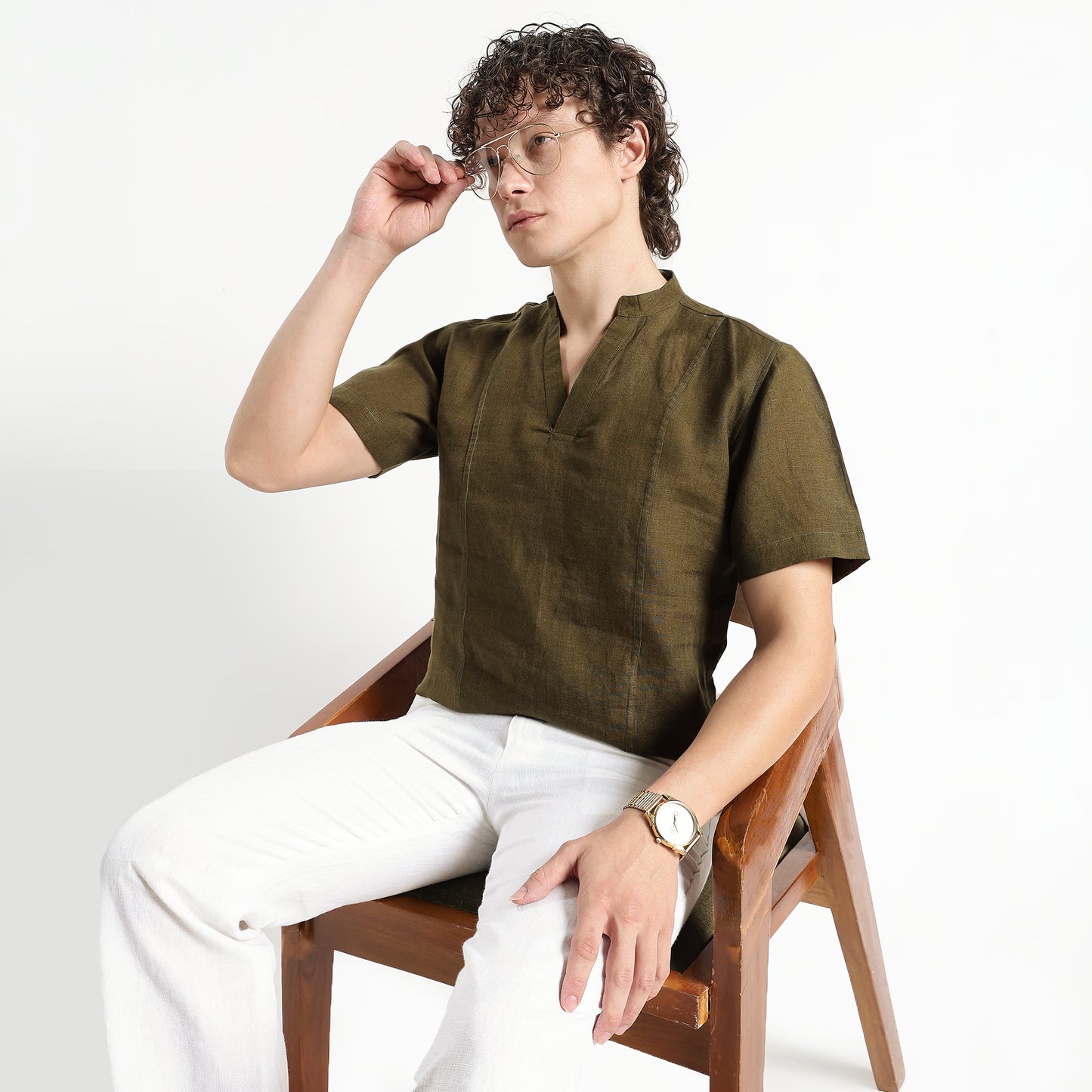 Tovi – Premium Linen V-Neck T-Shirt – Dark Olive