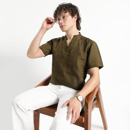 Tovi – Premium Linen V-Neck T-Shirt – Dark Olive