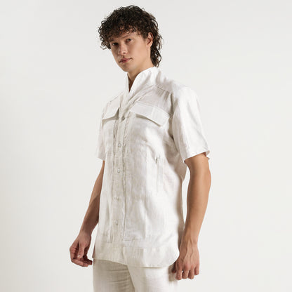 SAN – Premium Sculpted Stand Collar Linen Shirt – Blanc