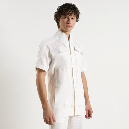 SAN – Premium Sculpted Stand Collar Linen Shirt – Blanc