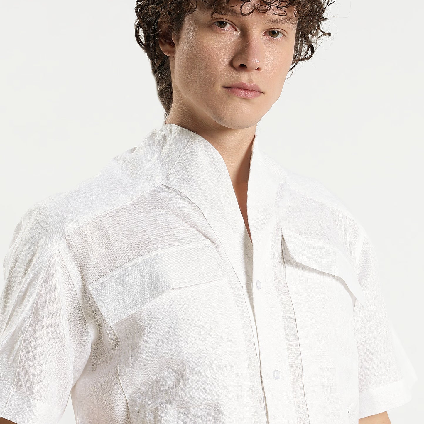 SAN – Premium Sculpted Stand Collar Linen Shirt – Blanc