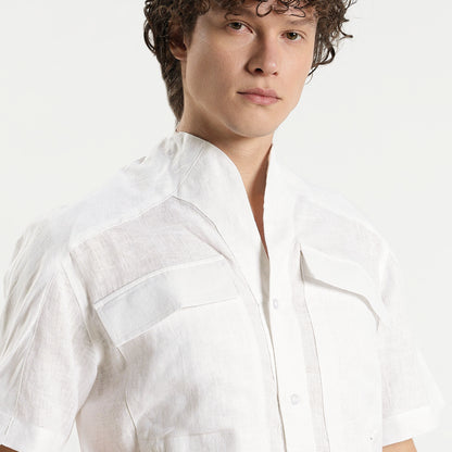 SAN – Premium Sculpted Stand Collar Linen Shirt – Blanc