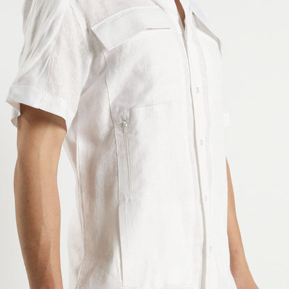SAN – Premium Sculpted Stand Collar Linen Shirt – Blanc
