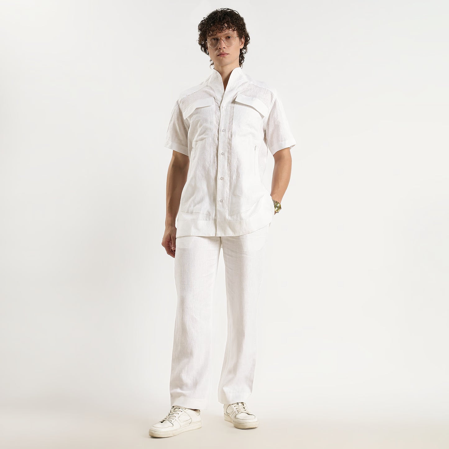 SAN – Premium Sculpted Stand Collar Linen Shirt – Blanc