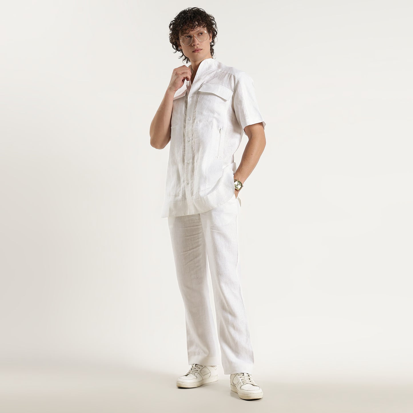 SAN – Premium Sculpted Stand Collar Linen Shirt – Blanc