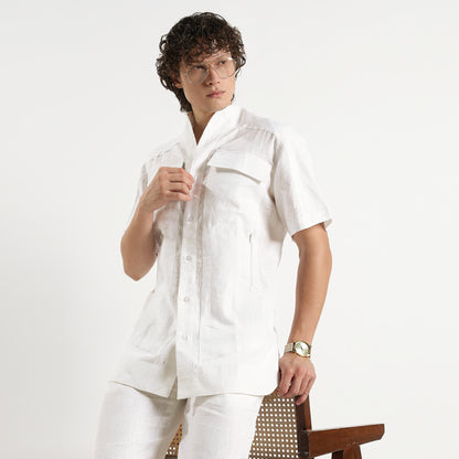 SAN – Premium Sculpted Stand Collar Linen Shirt – Blanc