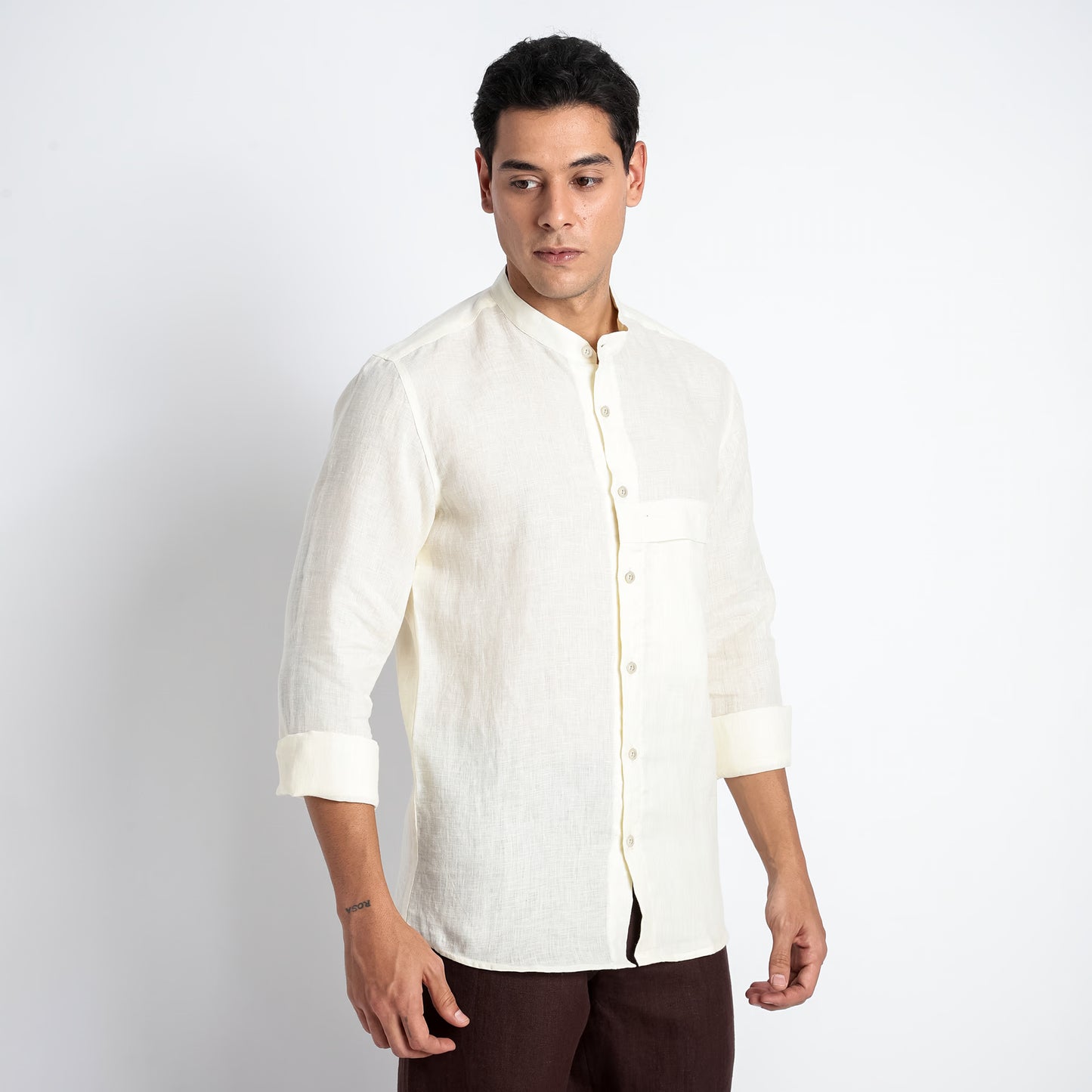 Odin - Korean Luxury Men's Band Collar Stylized Shirt - Butter