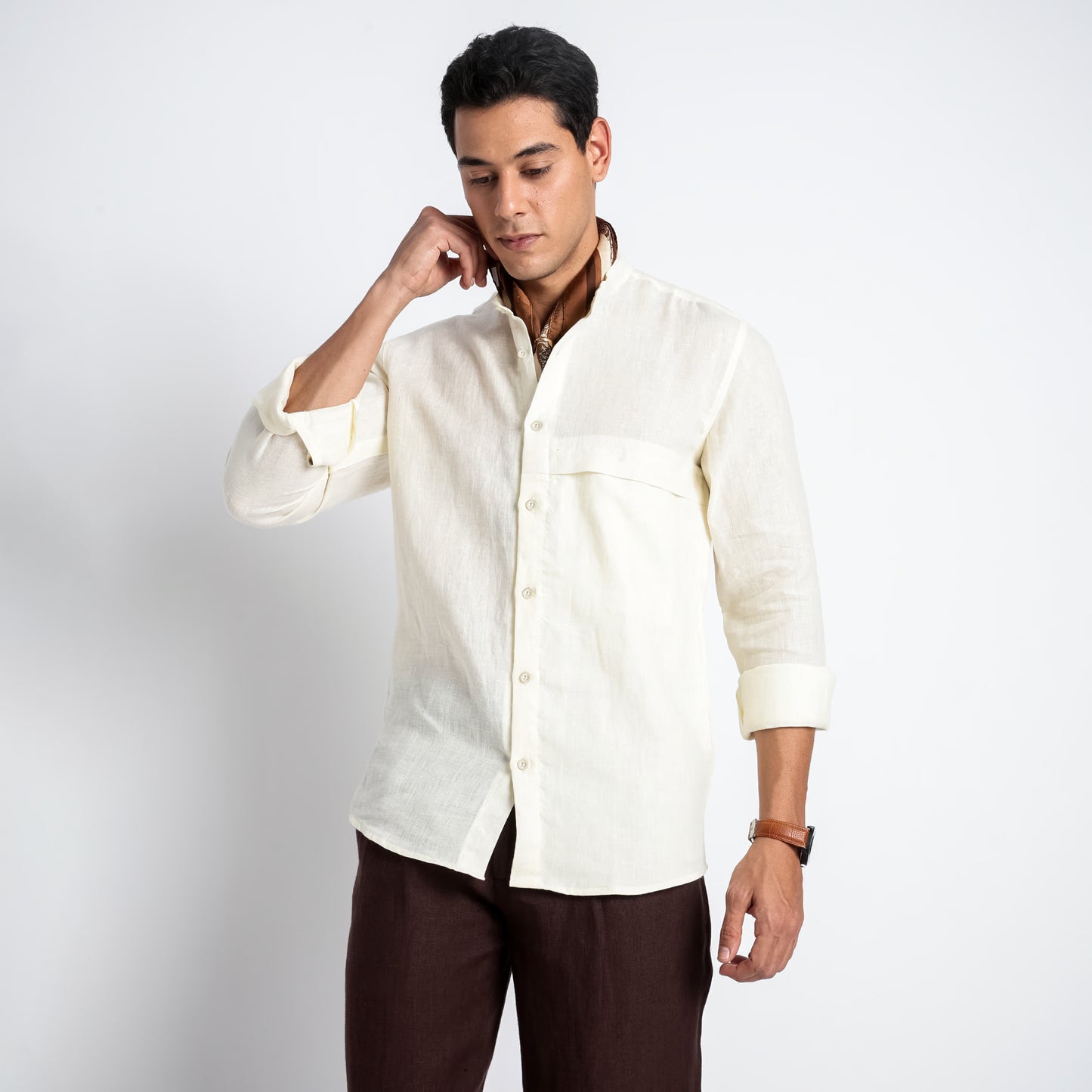 Odin - Korean Luxury Men's Band Collar Stylized Shirt - Butter