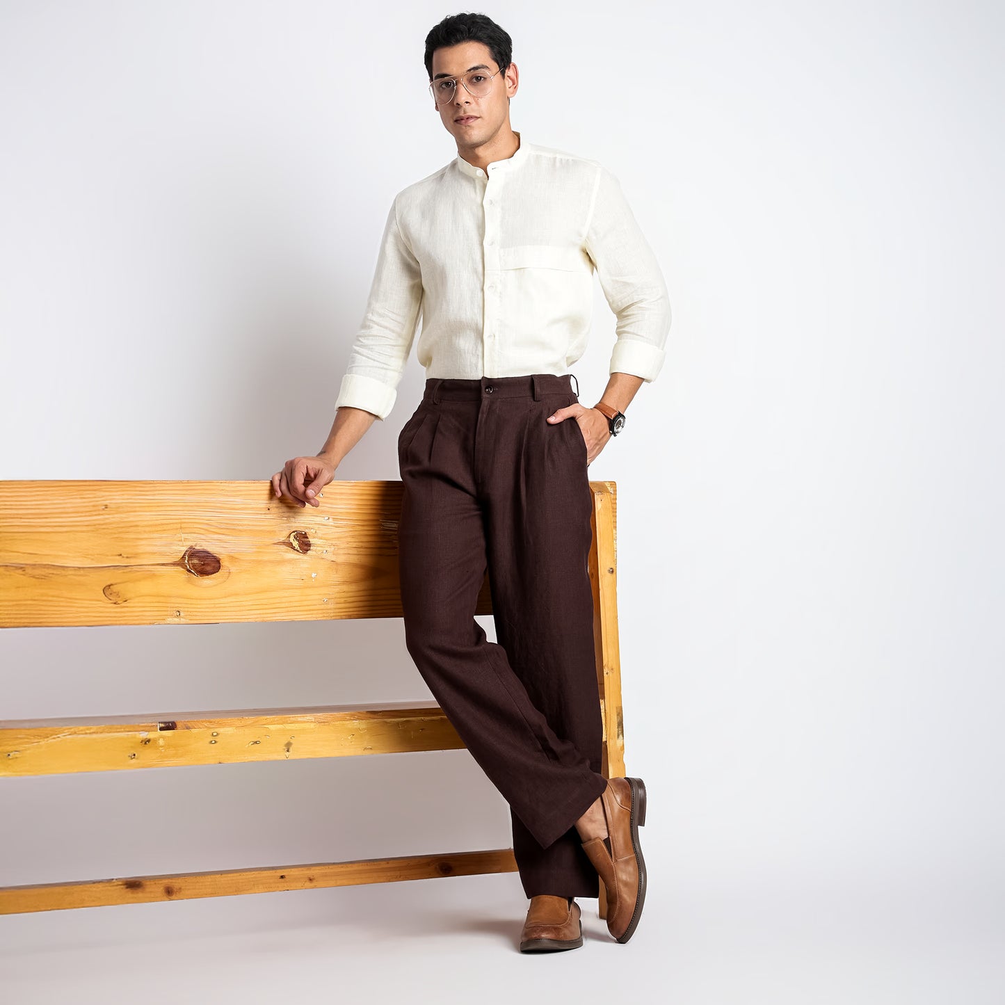 Busan – Luxury Pleated Straight Fit Pure Linen Trousers – Coffee