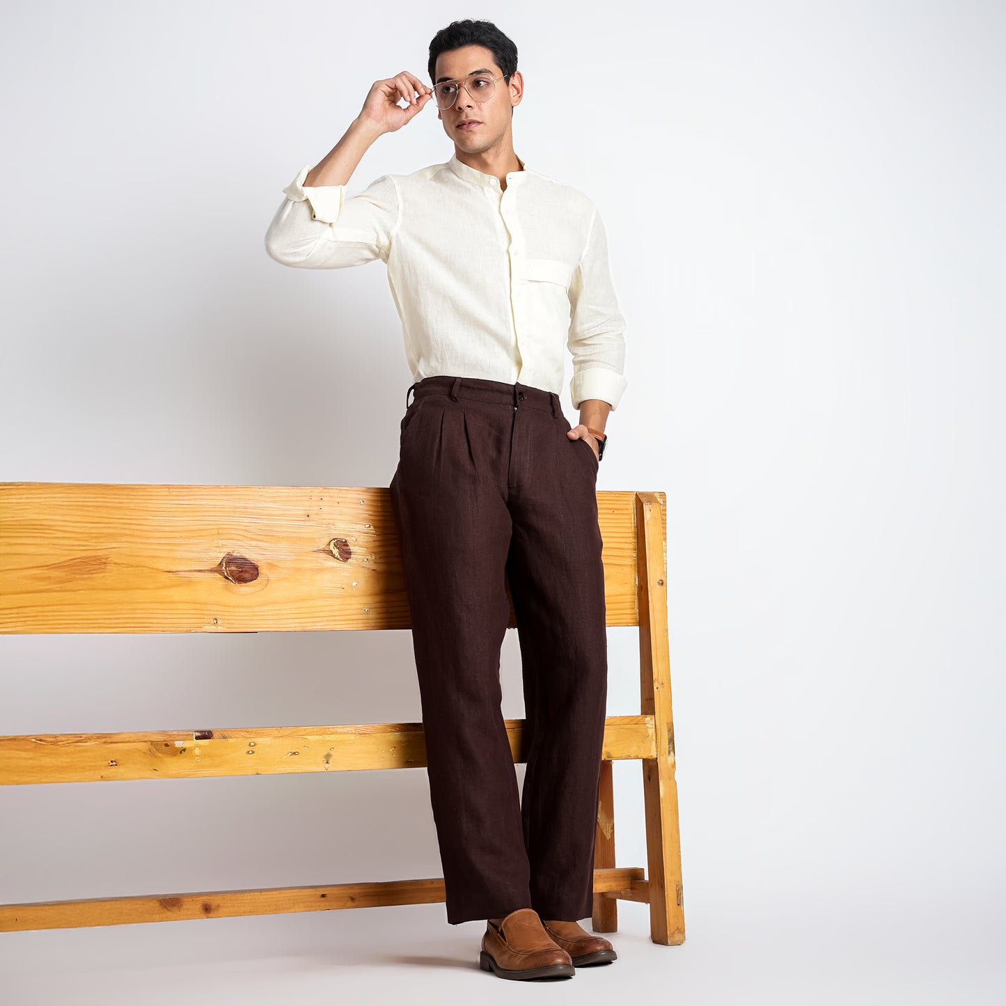 Busan – Luxury Pleated Straight Fit Pure Linen Trousers – Coffee