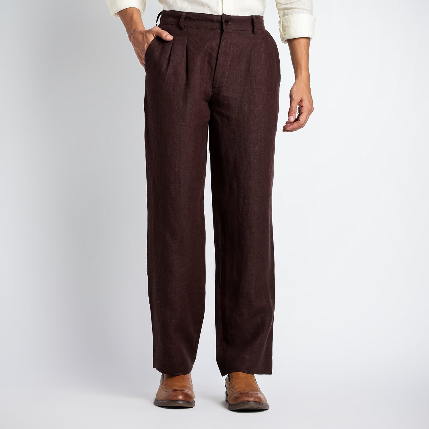 Busan – Luxury Pleated Straight Fit Pure Linen Trousers – Coffee