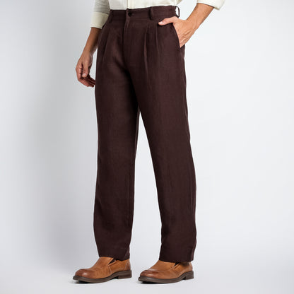 Busan – Luxury Pleated Straight Fit Pure Linen Trousers – Coffee