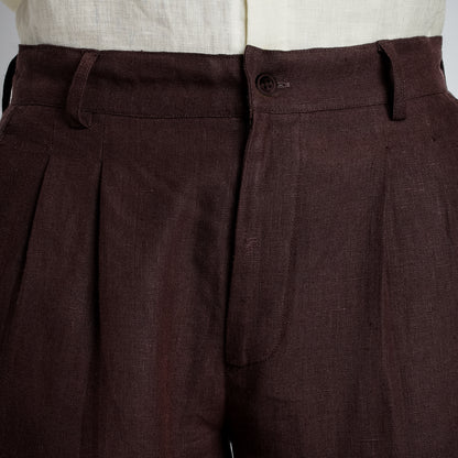 Busan – Luxury Pleated Straight Fit Pure Linen Trousers – Coffee