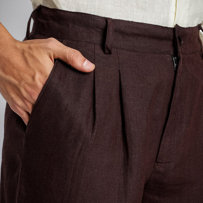 Busan – Luxury Pleated Straight Fit Pure Linen Trousers – Coffee
