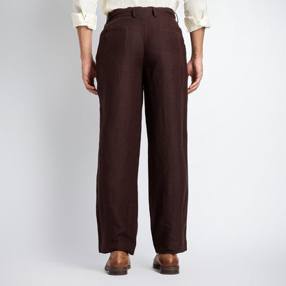 Busan – Luxury Pleated Straight Fit Pure Linen Trousers – Coffee