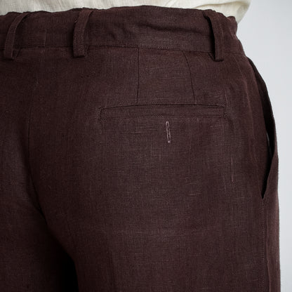 Busan – Luxury Pleated Straight Fit Pure Linen Trousers – Coffee