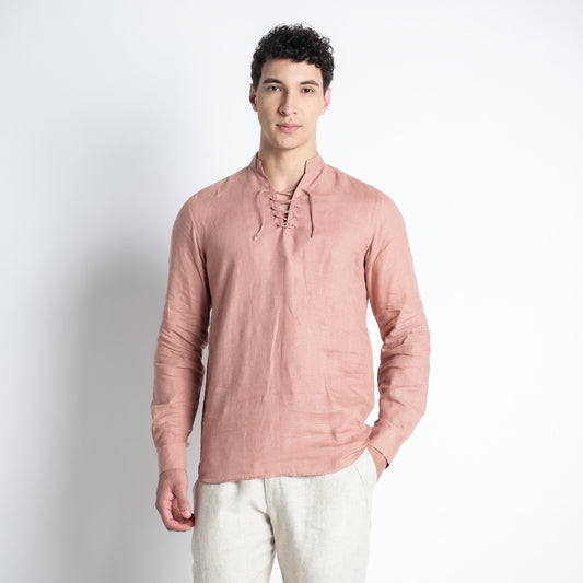 Cowboy – Premium Lace-Up Henley Linen Shirt – Clay