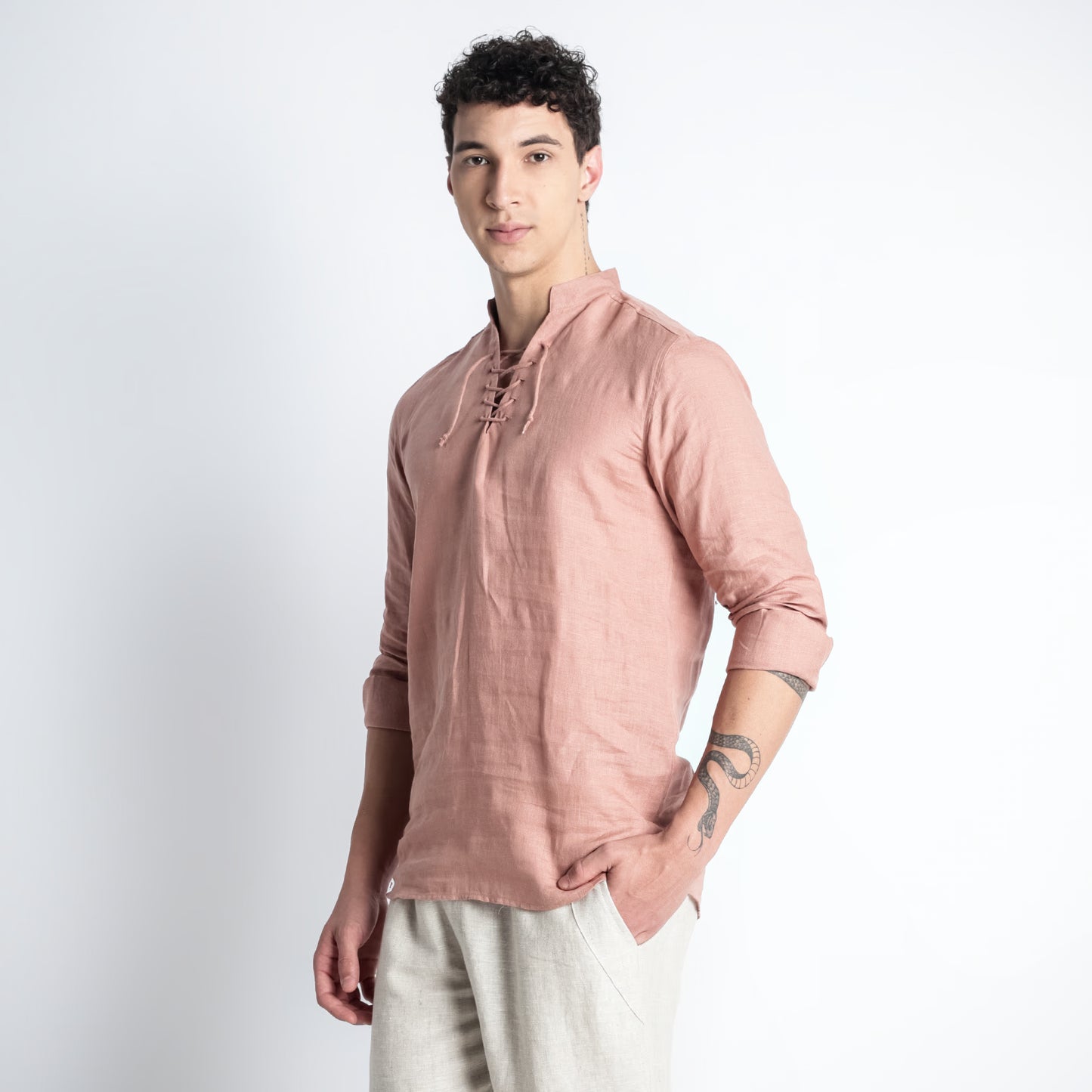 Cowboy – Premium Lace-Up Henley Linen Shirt – Clay