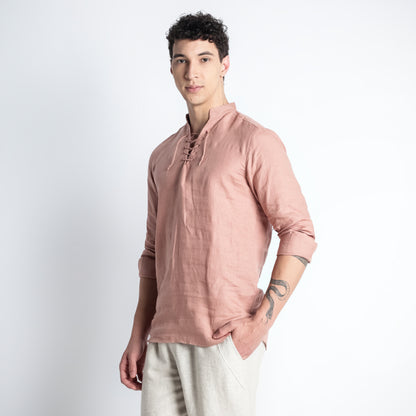 Cowboy – Premium Lace-Up Henley Linen Shirt – Clay