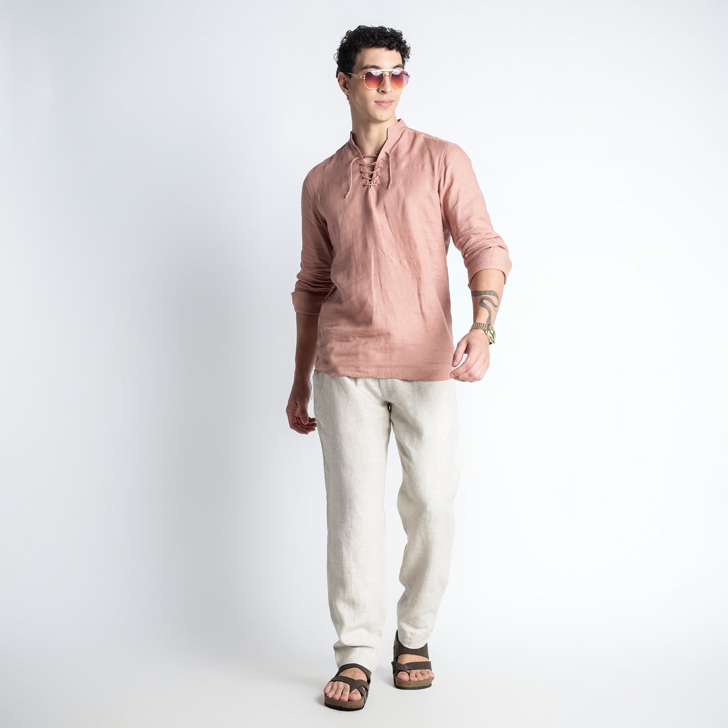Cowboy – Premium Lace-Up Henley Linen Shirt – Clay