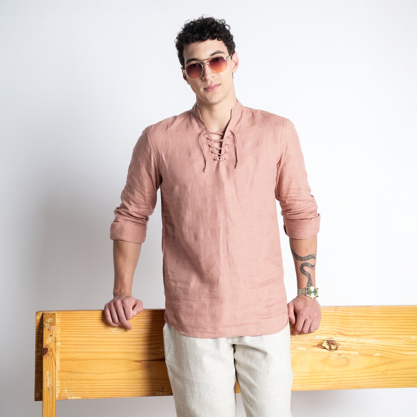 Cowboy – Premium Lace-Up Henley Linen Shirt – Clay