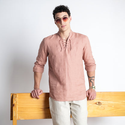 Cowboy – Premium Lace-Up Henley Linen Shirt – Clay