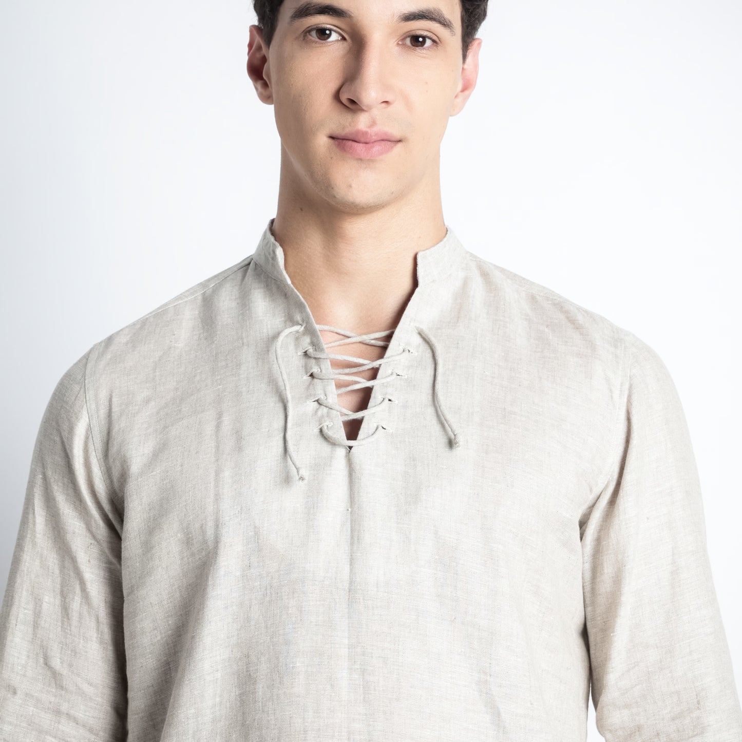 Cowboy – Premium Lace-Up Henley Linen Shirt – Sand