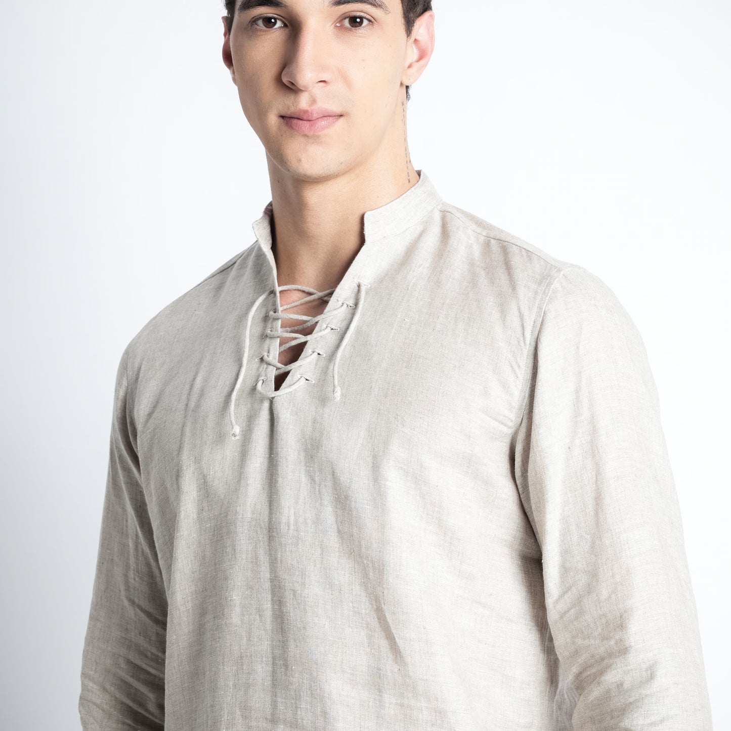 Cowboy – Premium Lace-Up Henley Linen Shirt – Sand