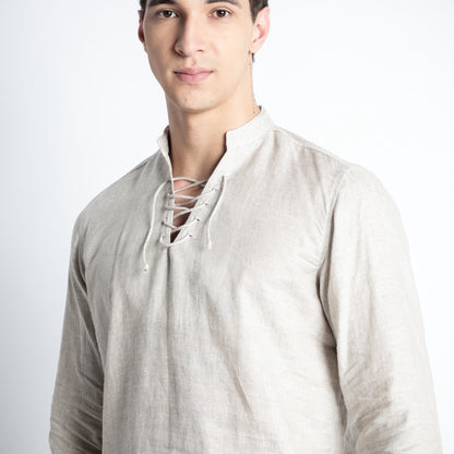 Cowboy – Premium Lace-Up Henley Linen Shirt – Sand