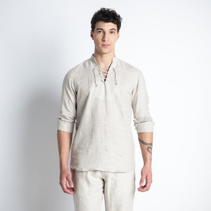 Cowboy – Premium Lace-Up Henley Linen Shirt – Sand
