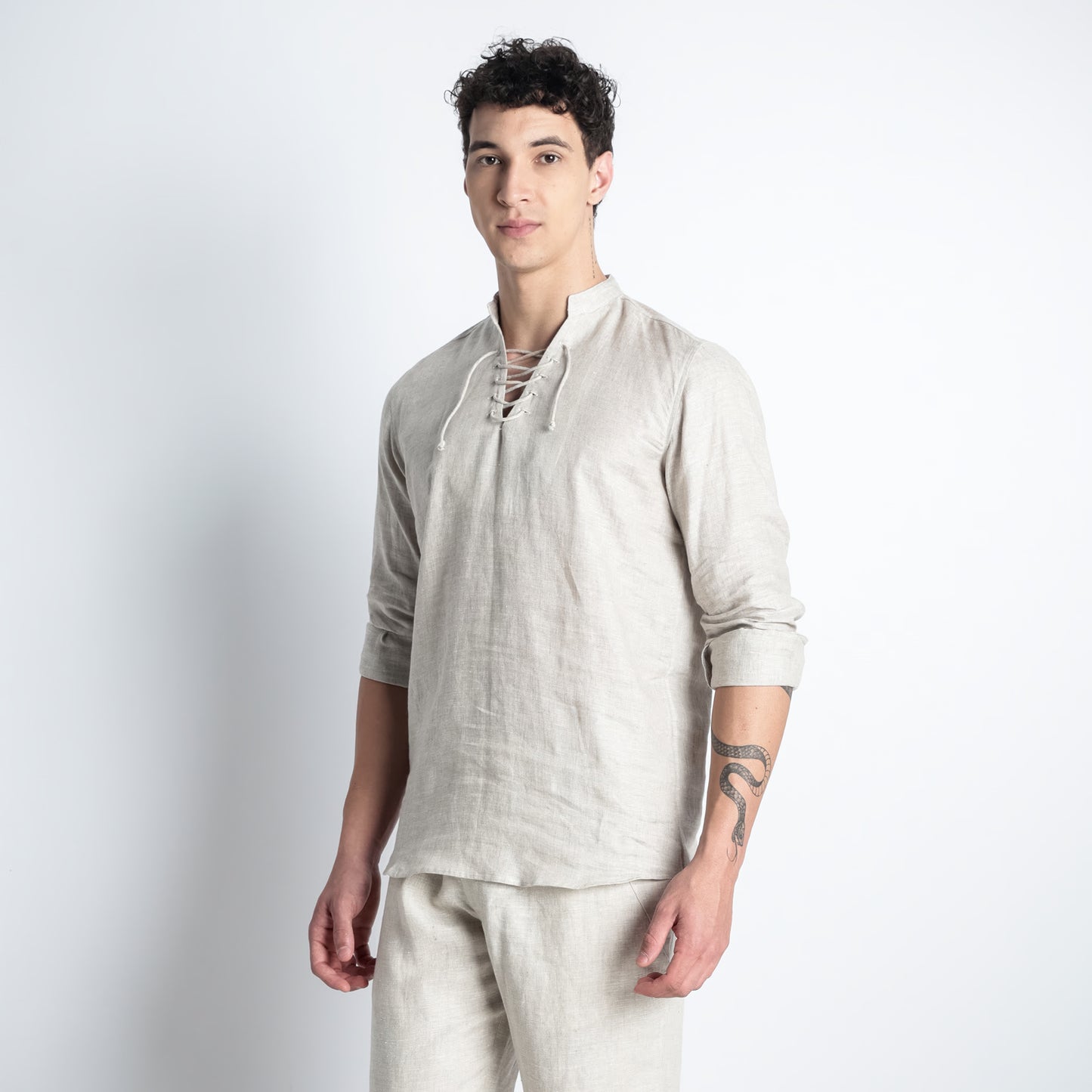 Cowboy – Premium Lace-Up Henley Linen Shirt – Sand