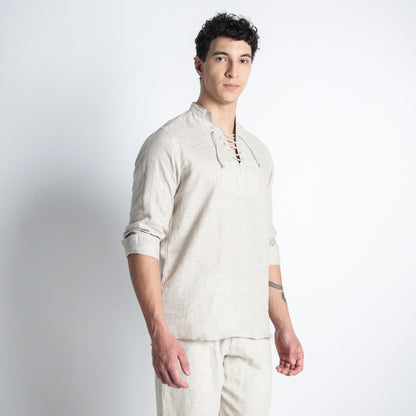 Cowboy – Premium Lace-Up Henley Linen Shirt – Sand