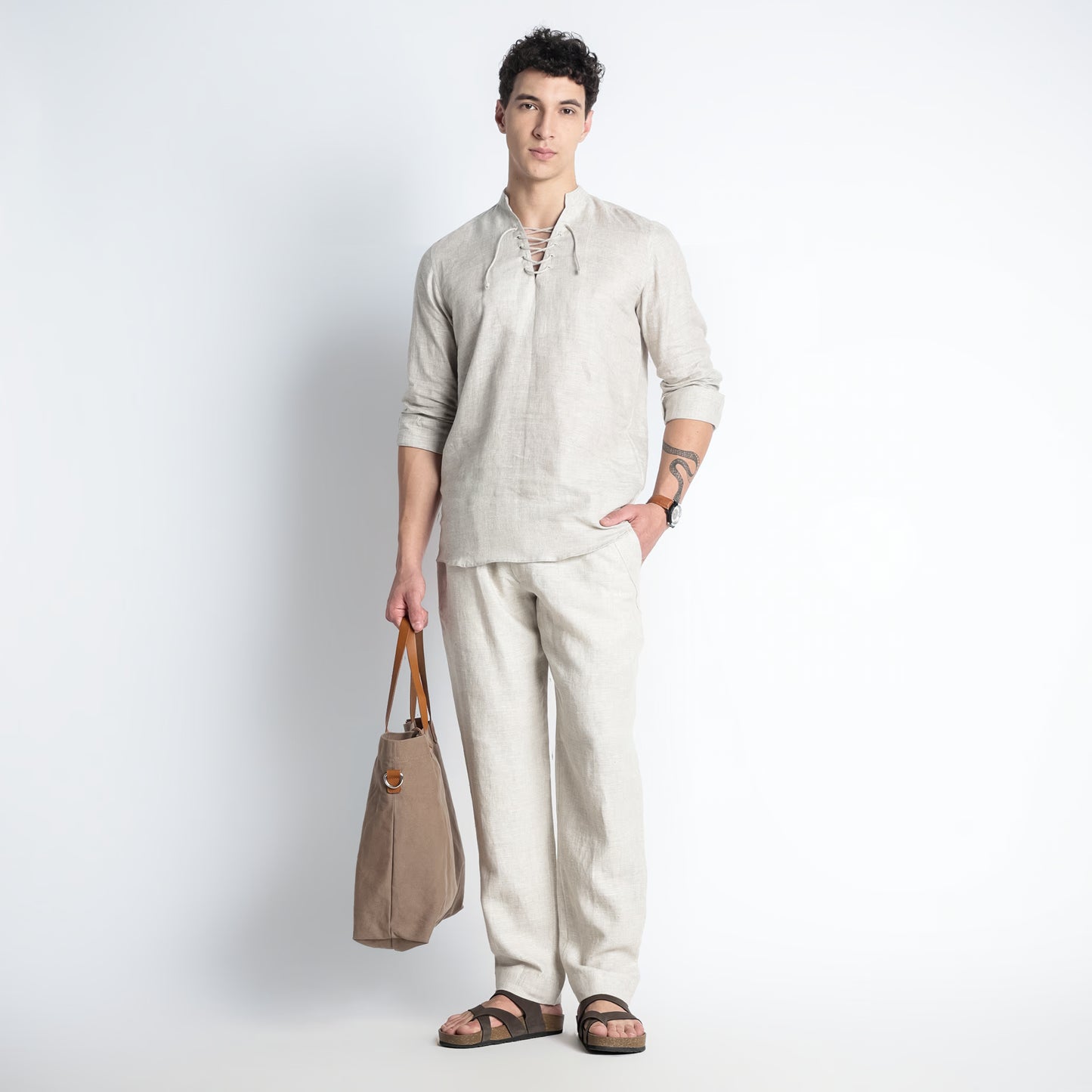Cowboy – Premium Lace-Up Henley Linen Shirt – Sand