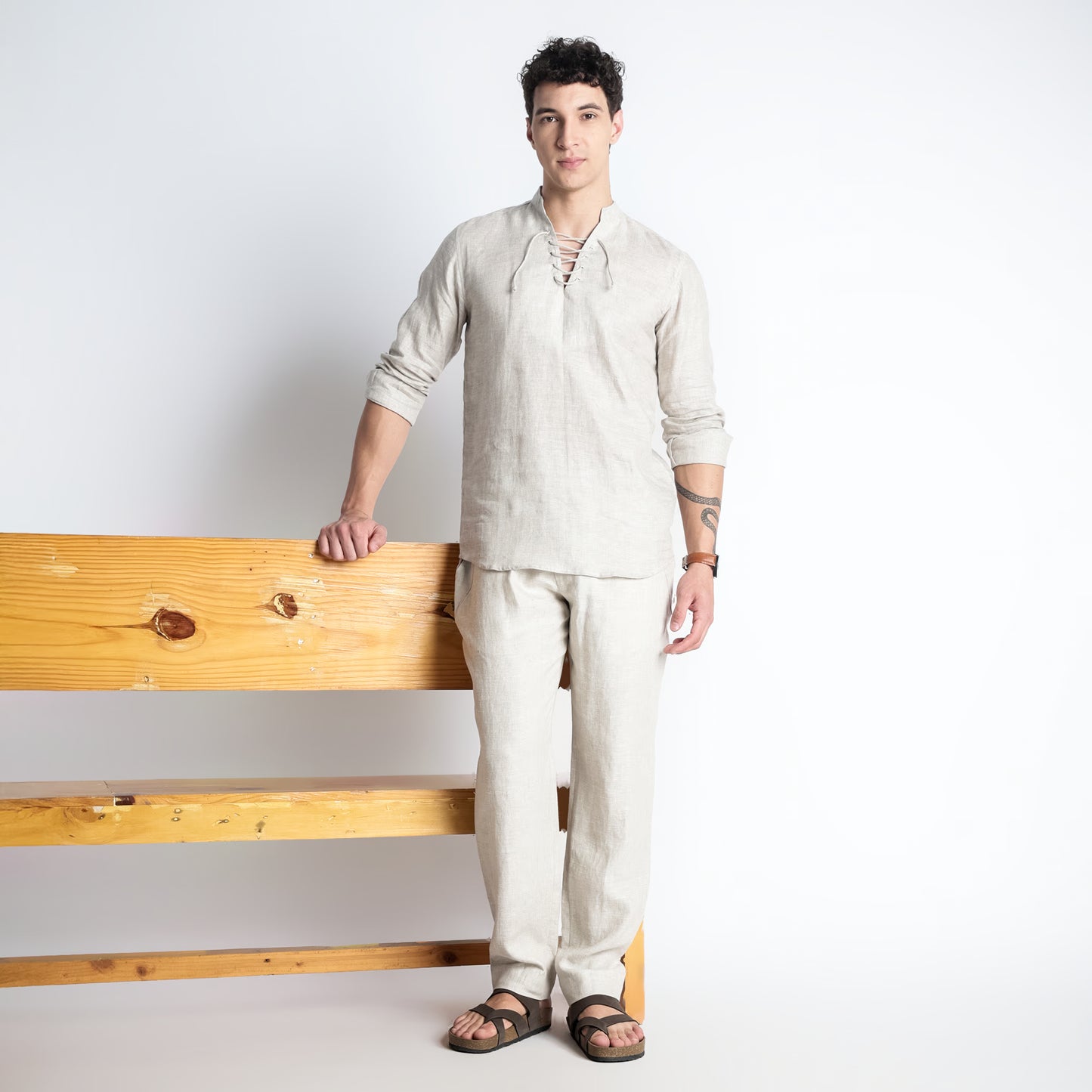 Cowboy – Premium Lace-Up Henley Linen Shirt – Sand