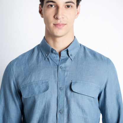 Texas – Classic American Double Pocket Linen Shirt – Steel Blue