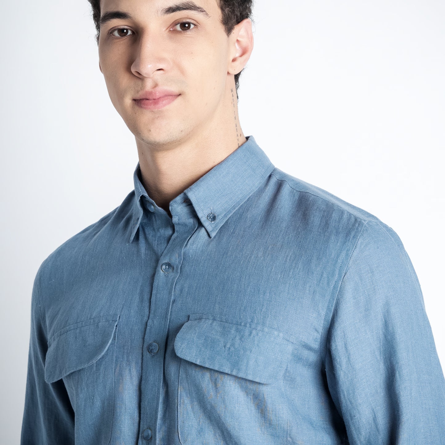 Texas – Classic American Double Pocket Linen Shirt – Steel Blue