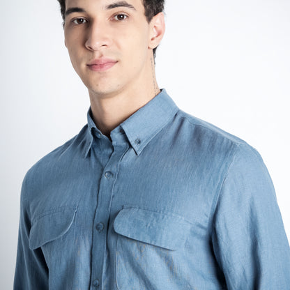 Texas – Classic American Double Pocket Linen Shirt – Steel Blue